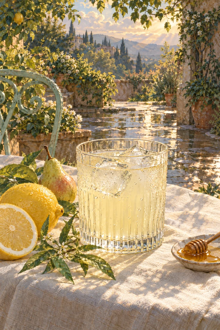 Pear · lemon · lemon verbena cocktail in an illustrated nostalgic garden scene